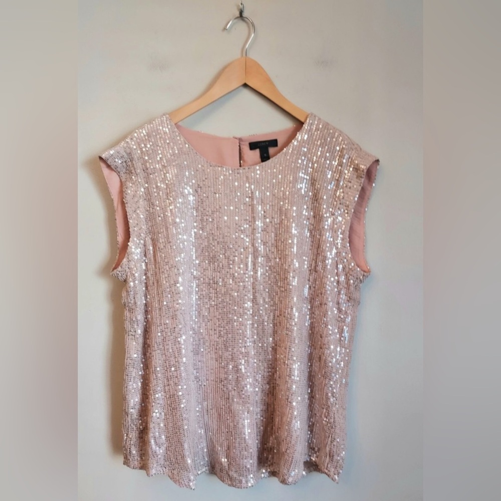 NWOT J CREW Blush Champagne Sequin Cap Sleeve Blouse - Picture 2 of 7